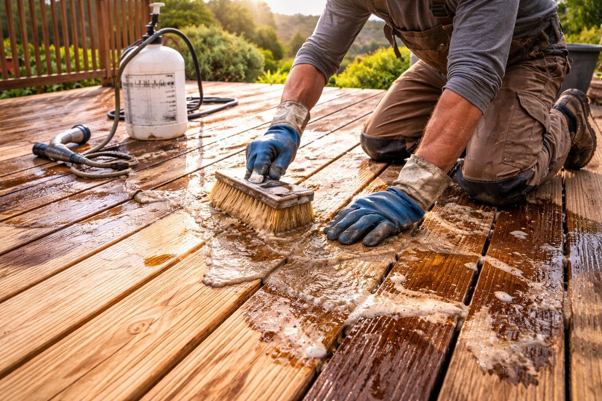 How to Strip and Re-Stain a Deck: When Starting Over Is the Right Move 2 Person scrubbing wooden deck boards with stiff brush after chemical stripper application