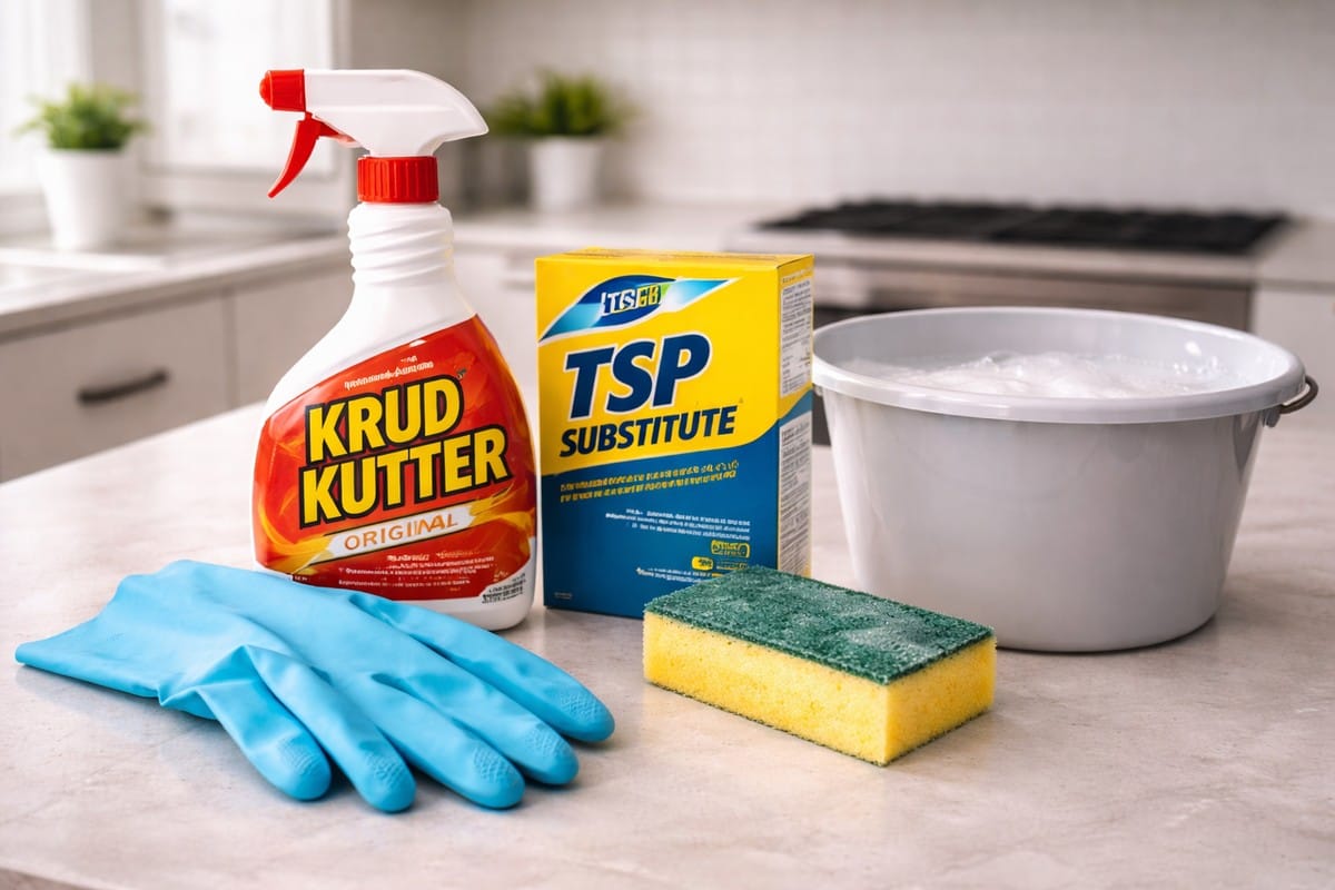 How to Degrease Kitchen Cabinets for Painting (The Right Way) 2 Krud Kutter degreaser, TSP substitute, rubber gloves, and sponge on kitchen counter