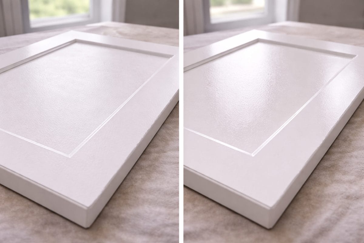 Best Paint for Kitchen Cabinets (What Pros Actually Use) 3 Comparison of cabinet door panels showing the difference between satin and semi-gloss sheen levels