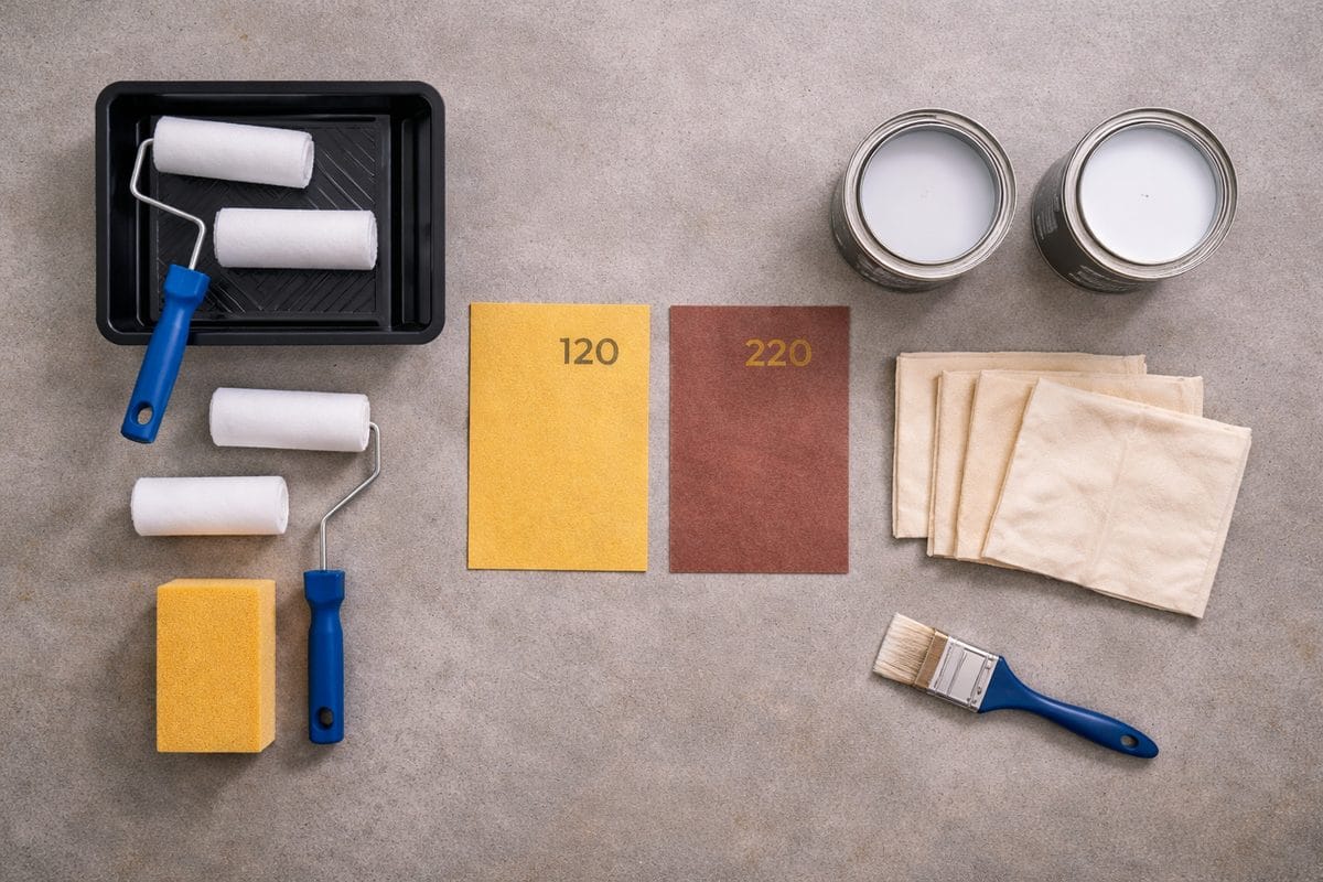 Overhead flat lay of cabinet painting supplies including foam rollers, sandpaper, primer, and cabinet-grade paint