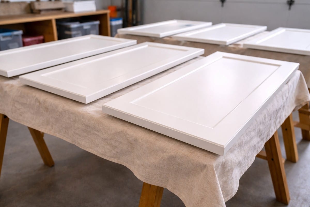 How to Degrease Kitchen Cabinets for Painting (The Right Way) 4 Multiple bare cabinet doors laid flat on sawhorses, cleaned and ready for primer