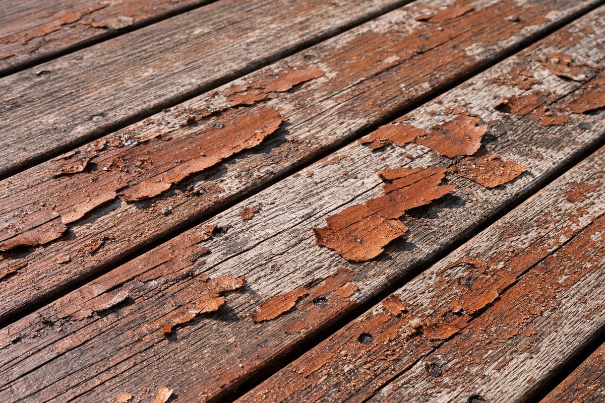 How to Strip and Re-Stain a Deck: When Starting Over Is the Right Move 1 Wood deck surface with peeling stain flaking off in sheets, exposing gray weathered wood underneath