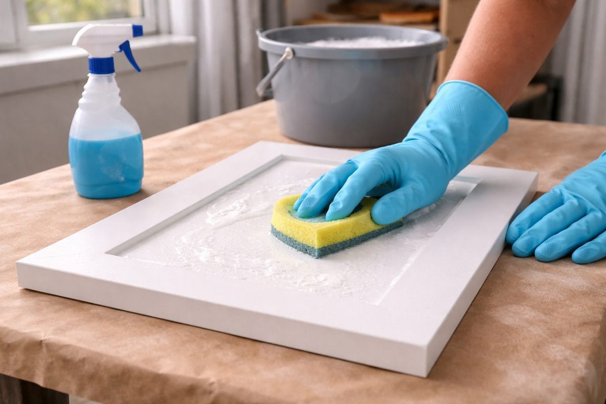 Close-up of hands scrubbing kitchen cabinet door with degreaser solution before painting