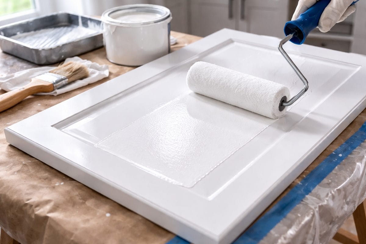 Best Paint for Kitchen Cabinets (What Pros Actually Use) 2 Foam roller applying smooth white paint to a cabinet door laid flat on a work surface