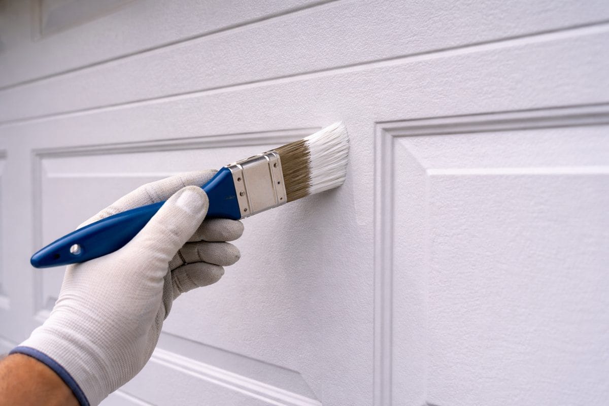 Painter using angled brush to cut paint into recessed edges of garage door panel