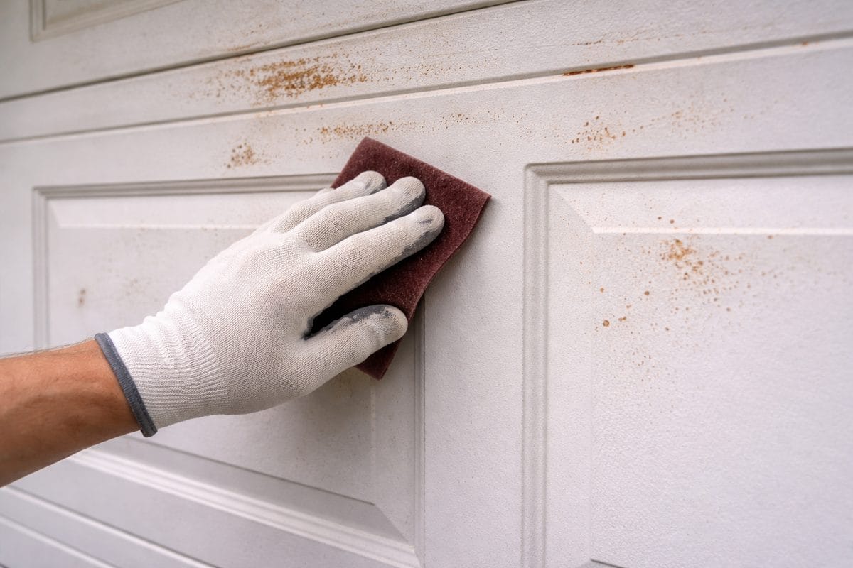 Gloved hand running scuff pad over faded and rusted steel garage door surface