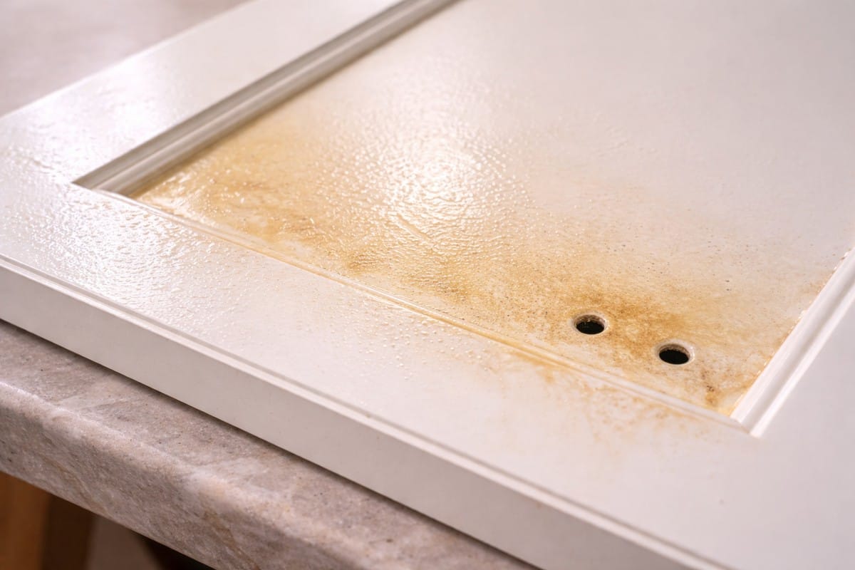 How to Degrease Kitchen Cabinets for Painting (The Right Way) 1 Close-up of kitchen cabinet door surface showing yellowish grease film buildup