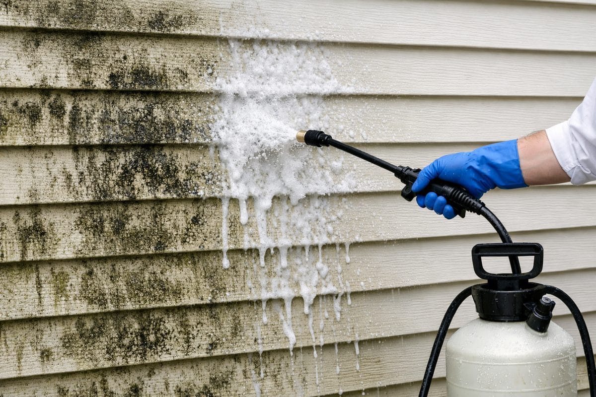 Mildew removal with biocide solution and pressure washing
