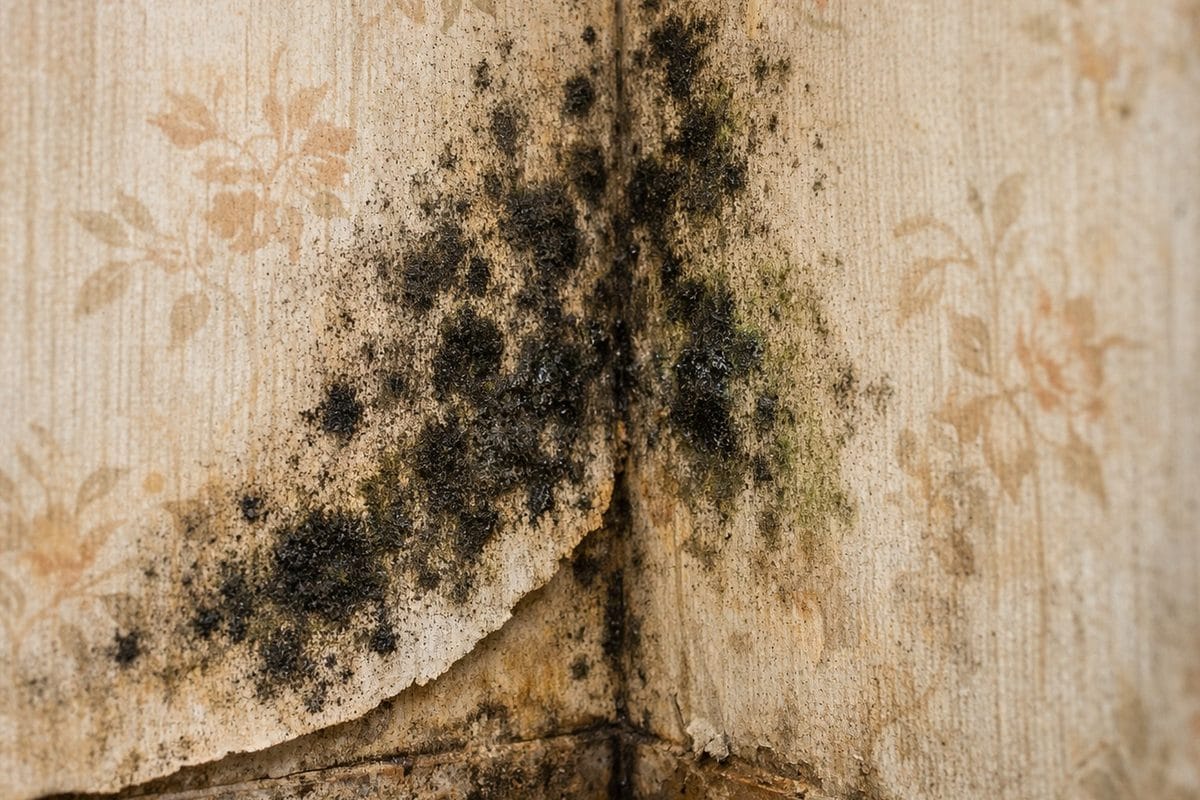 Close-up of older wallpaper showing black and green mold spots with moisture damage and discoloration at corner seam