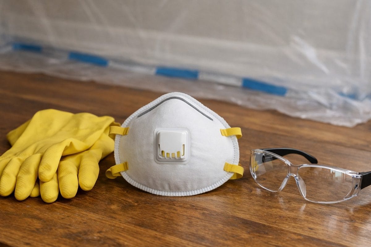 Rubber gloves, N95 respirator, and safety glasses laid out before mold wallpaper removal with plastic sheeting visible on floor in background