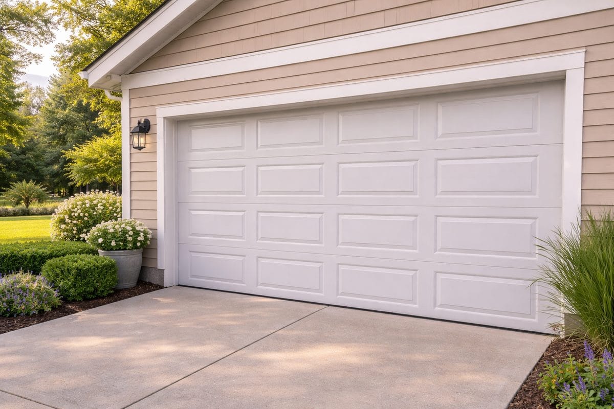 Freshly painted white garage door on California foothills residential home exterior