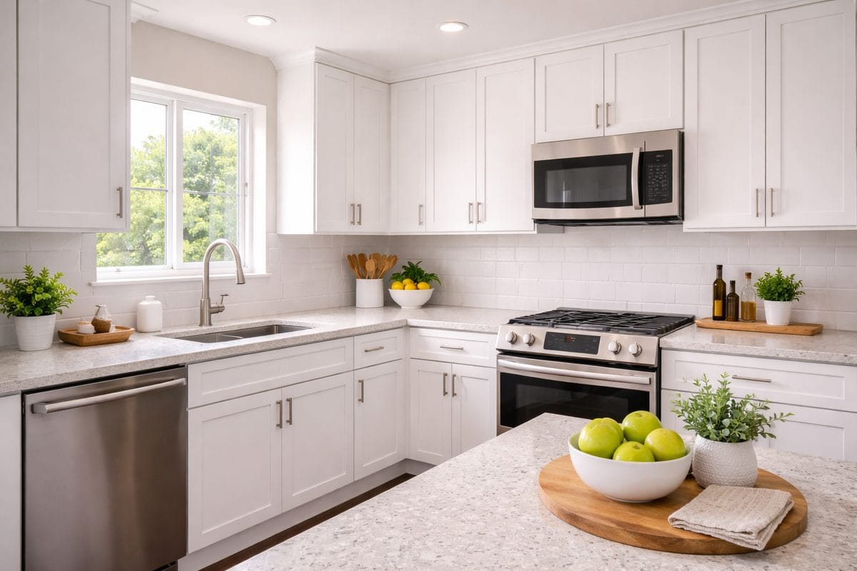 Finished white painted kitchen cabinets with satin sheen and clean hardware in a California foothills home