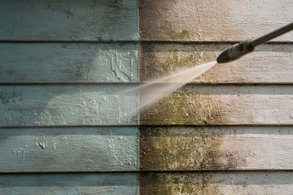Professional pressure washing of exterior house siding before painting