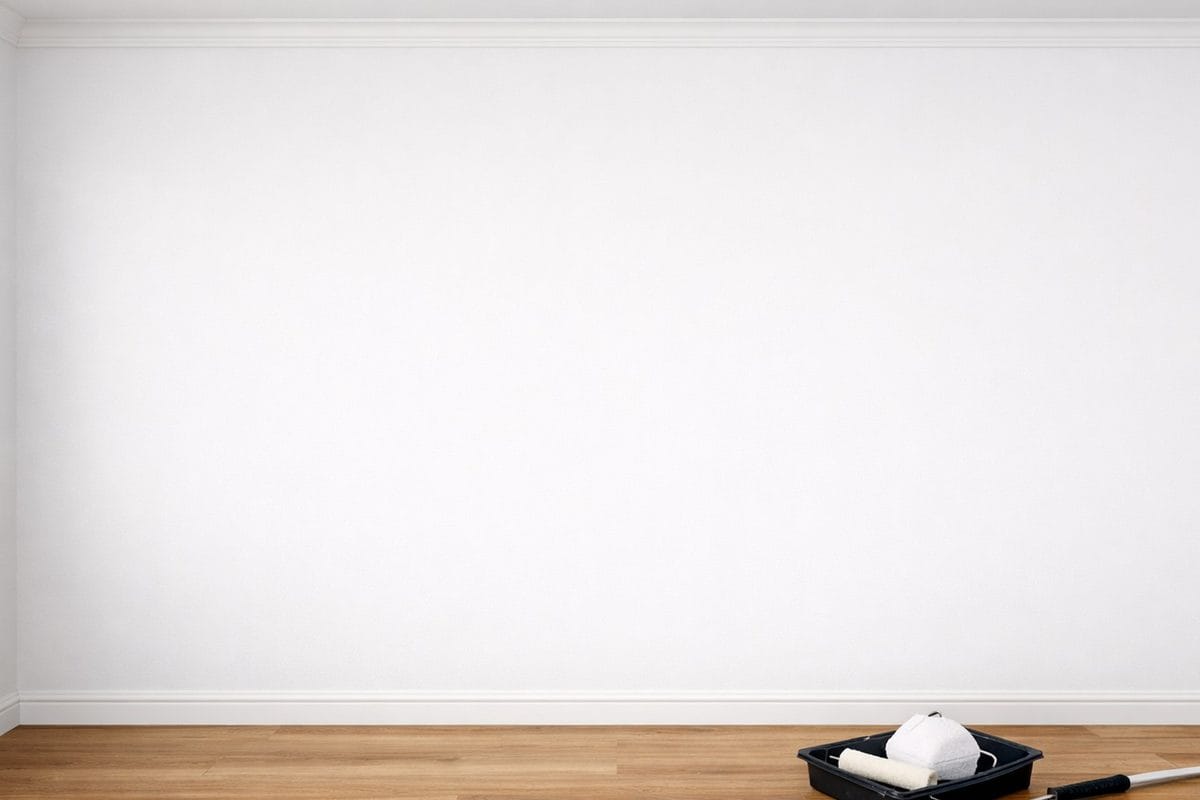 Freshly primed smooth white interior wall ready for paint with roller and tray visible at edge of frame in natural daylight