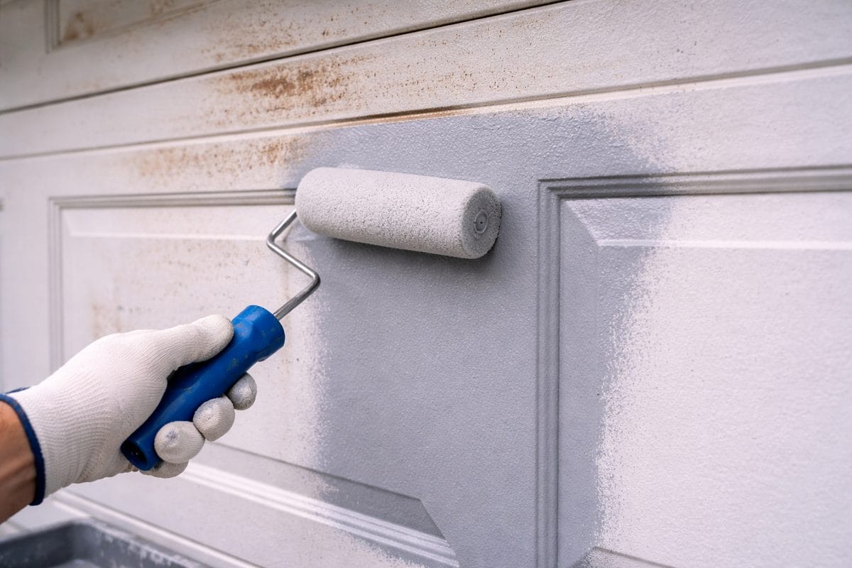 Foam roller applying rust-inhibiting primer to steel garage door panel