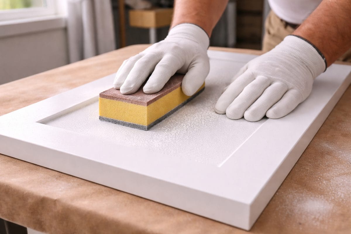 Close-up of hands sanding a cabinet door with a sanding block, fine dust visible on the surface
