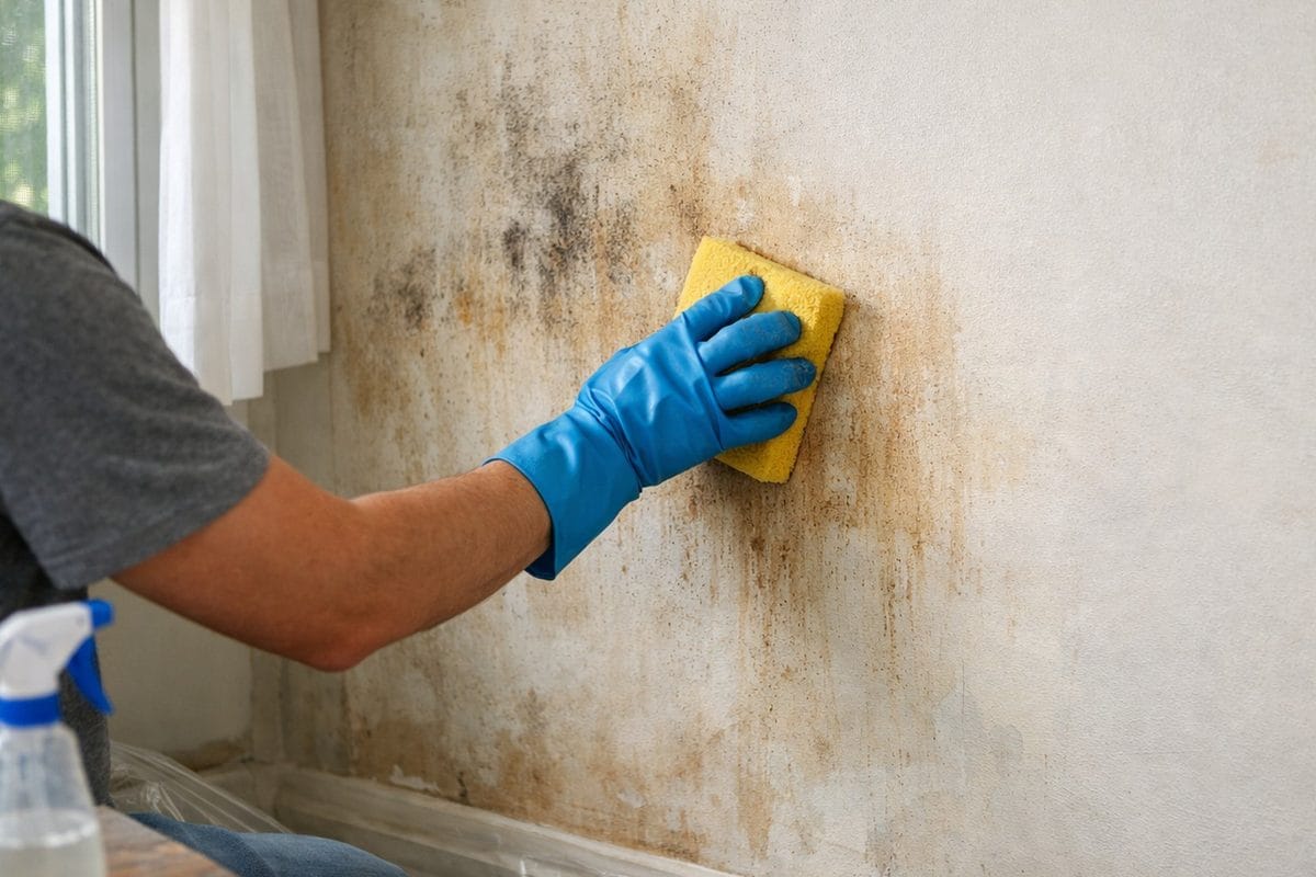 Person in rubber gloves applying mold-killing cleaning solution to bare wall with sponge after wallpaper removal showing staining on surface