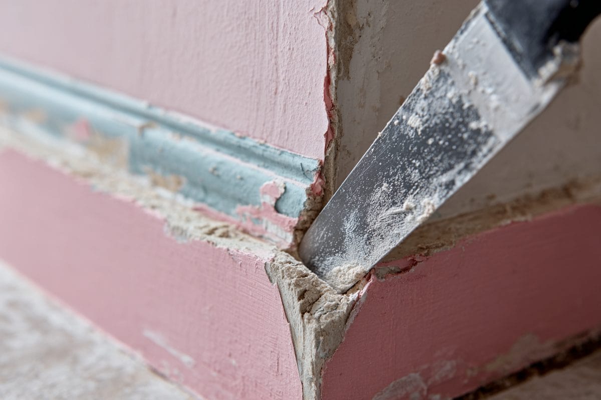 Hands carefully lifting a decorative wallpaper border from painted wall with plastic putty knife