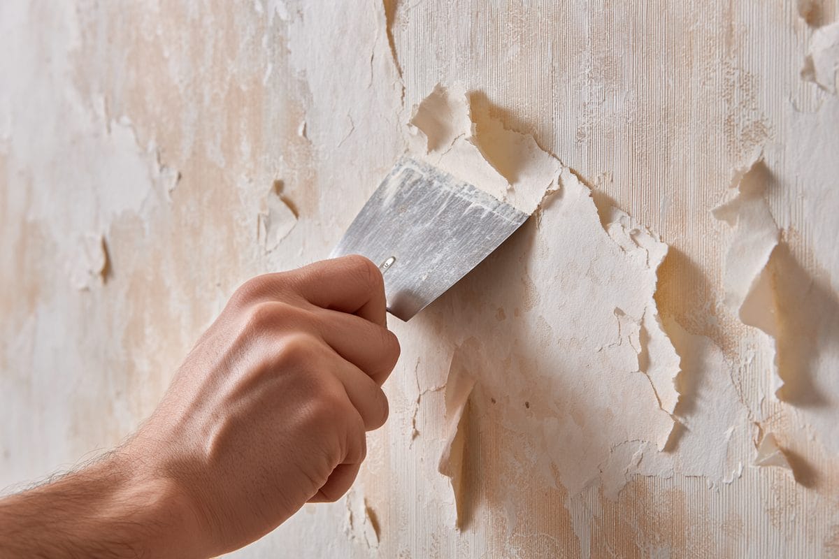 Wallpaper being sprayed with solution and gently peeled away from drywall with putty knife