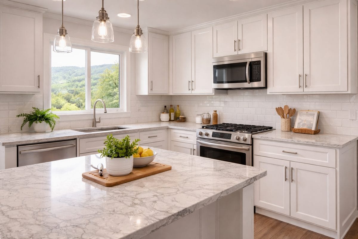 Best Paint for Kitchen Cabinets (What Pros Actually Use) 4 Finished kitchen with freshly painted white Shaker-style cabinets showing professional satin finish