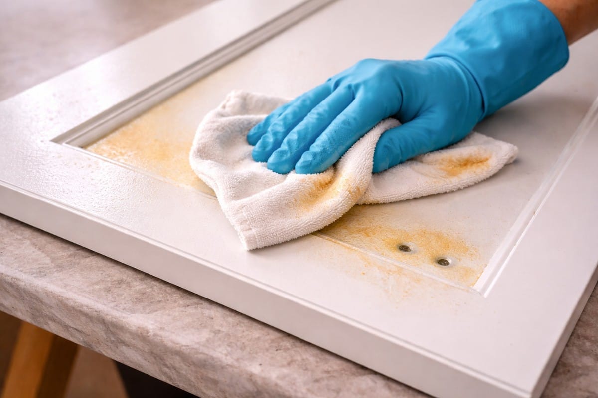 How to Degrease Kitchen Cabinets for Painting (The Right Way) 3 Rubber-gloved hand wiping white rag across cabinet door showing yellowed residue
