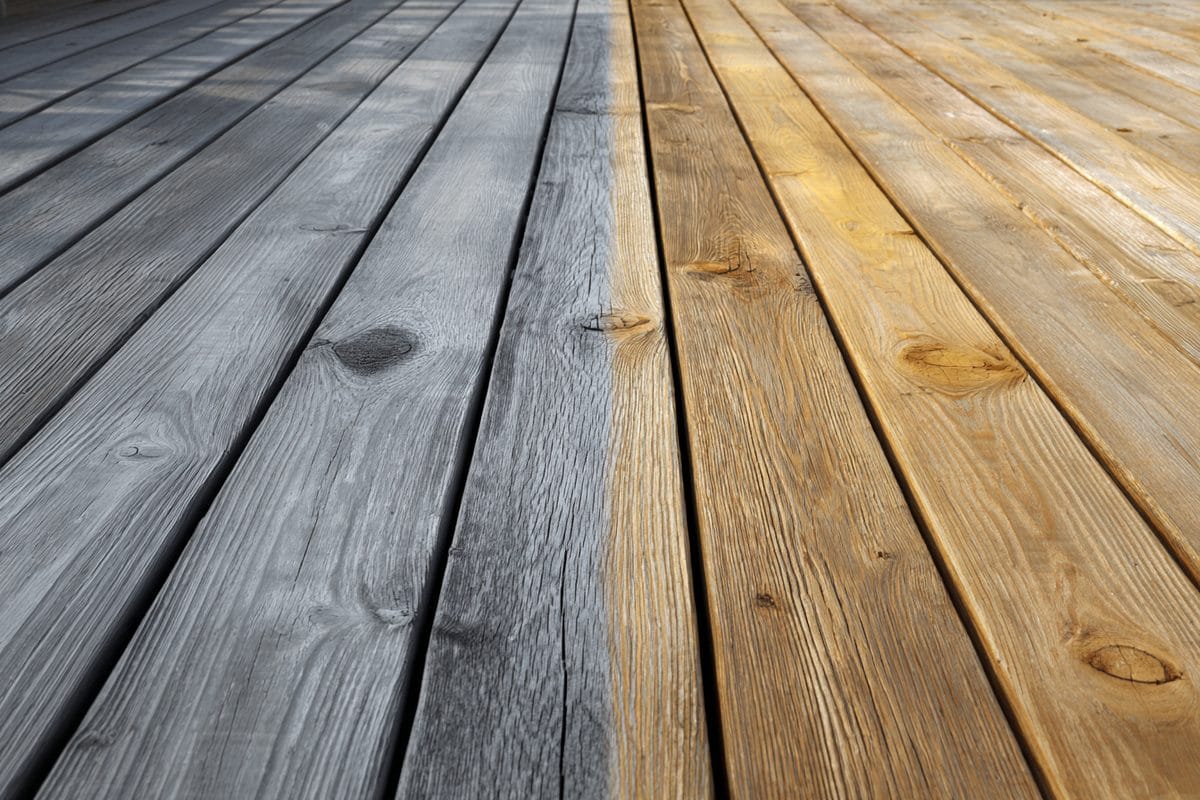 How to Stain a Deck: Complete Guide for Homeowners 1 Close-up comparison of deck board surfaces: peeling stain, weathered gray wood, and clean sealed wood