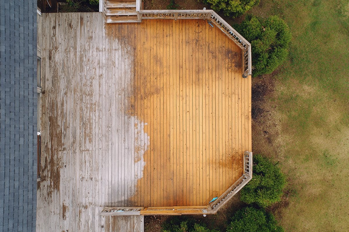 How to Stain a Deck: Complete Guide for Homeowners 3 Sequence showing stain application with pad, back-brushing technique, and feathering of edges