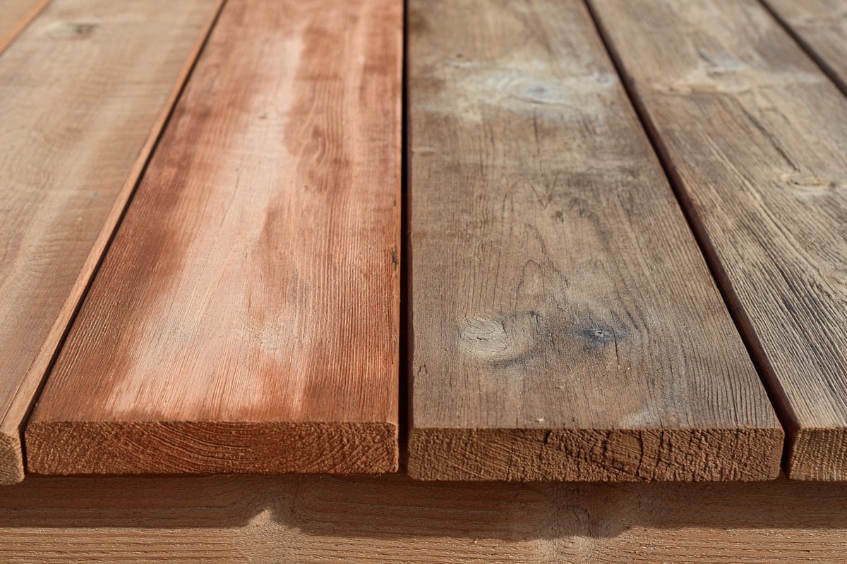 Cedar Deck Stain: Best Products and How to Apply 1 Side-by-side comparison of new cedar and aged gray cedar showing color and grain differences