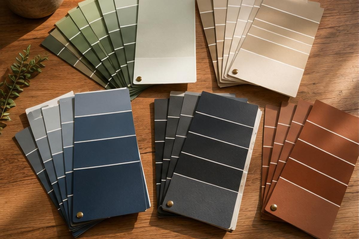 Best Accent Wall Colors for Auburn and Foothill Homes 2 Collection of accent wall color samples showing sage, warm gray, navy, charcoal, and rust tones