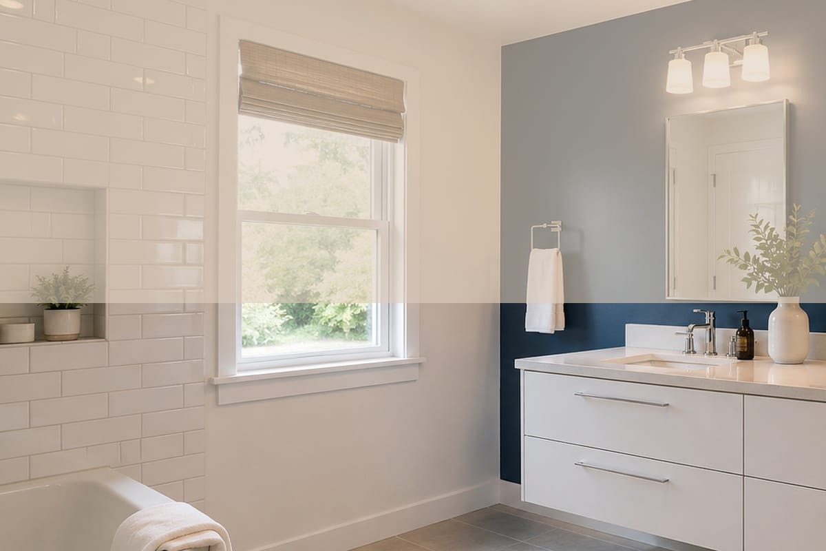 Bathroom Accent Wall Ideas That Actually Work 2 Bathroom wall partially tiled in subway-style glazed ceramic with matte accent paint on the upper portion, clean grout lines visible