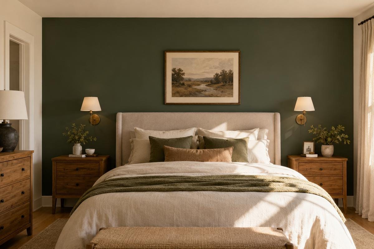 Best Accent Wall Colors for Auburn and Foothill Homes 3 Bedroom with sage green accent wall behind bed, neutral walls, warm wood elements