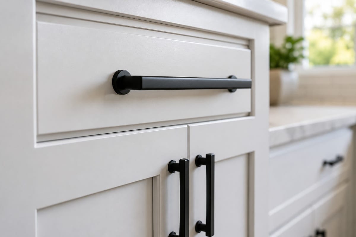 Kitchen Cabinet Painting Before and After: What to Expect 3 Close-up of new matte black cabinet hardware on painted white kitchen cabinet door, showing detail and finish
