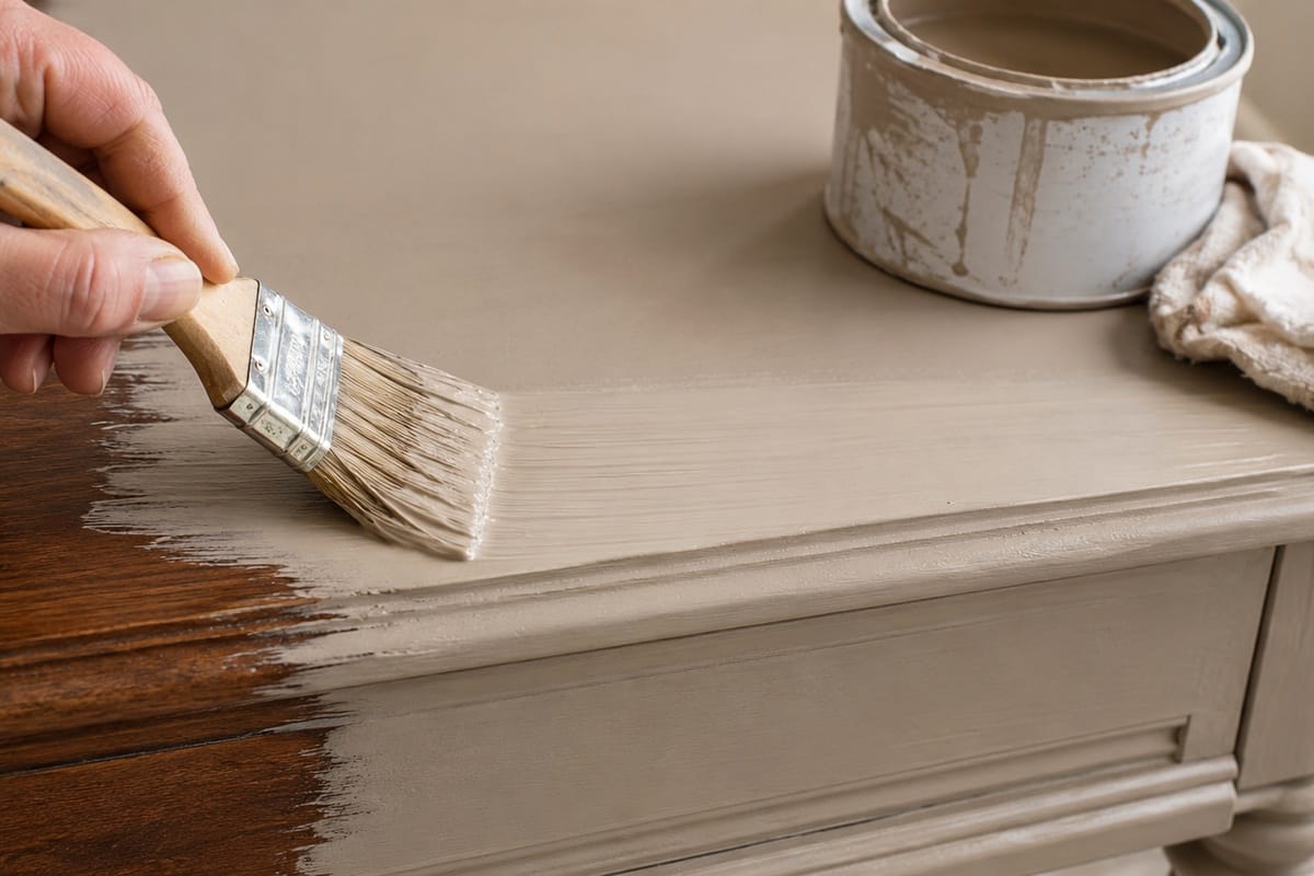 Chalk Paint on Furniture: Is It Worth the Hype? 1 Hand applying soft matte chalk paint to wooden dresser with brush, showing texture and coverage