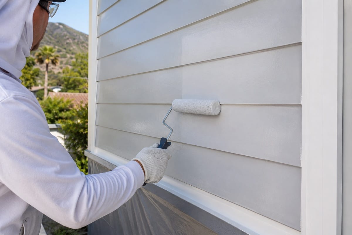 Can You Paint Aluminum Siding? Yes, Here's How It's Done 2 Painter applying bonding primer to freshly cleaned aluminum siding with foam roller
