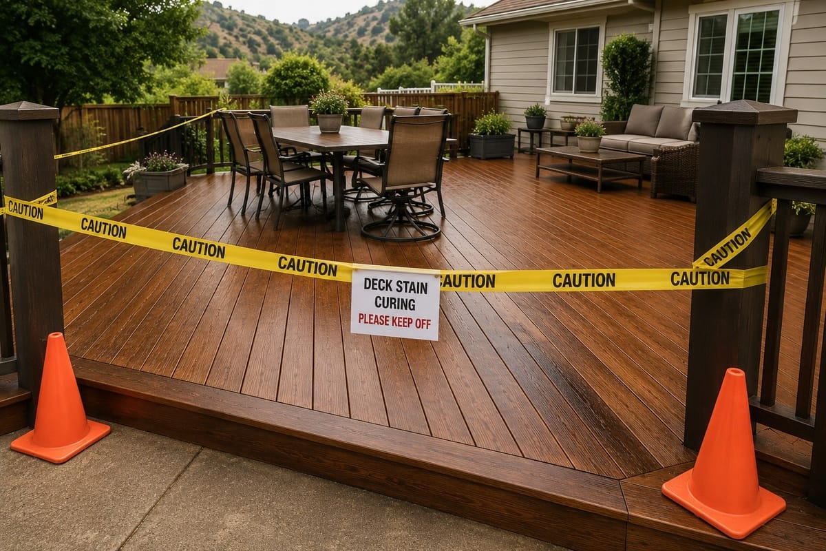 Curing deck with rope and caution signs preventing access during dry time