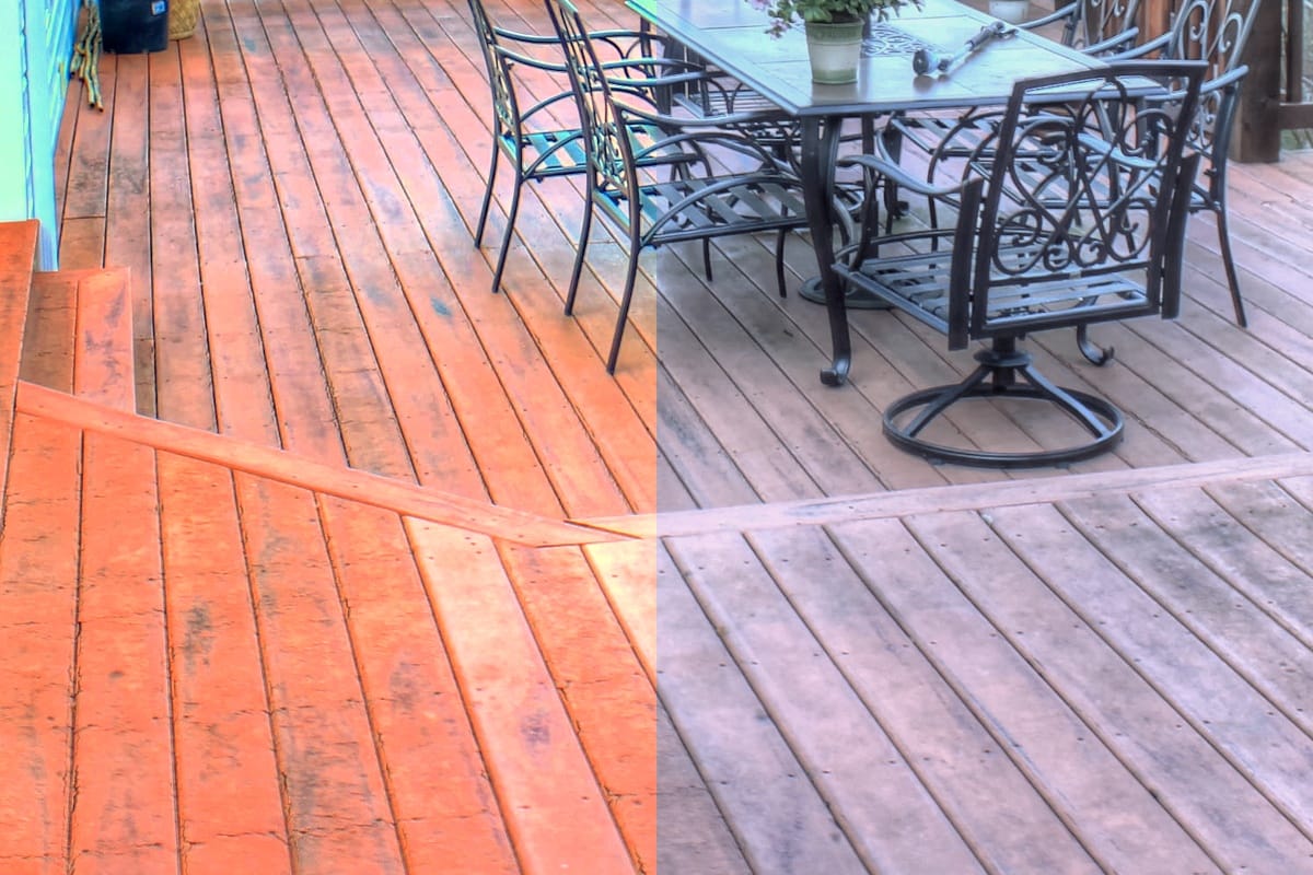 Deck section showing original color next to faded stain after UV exposure