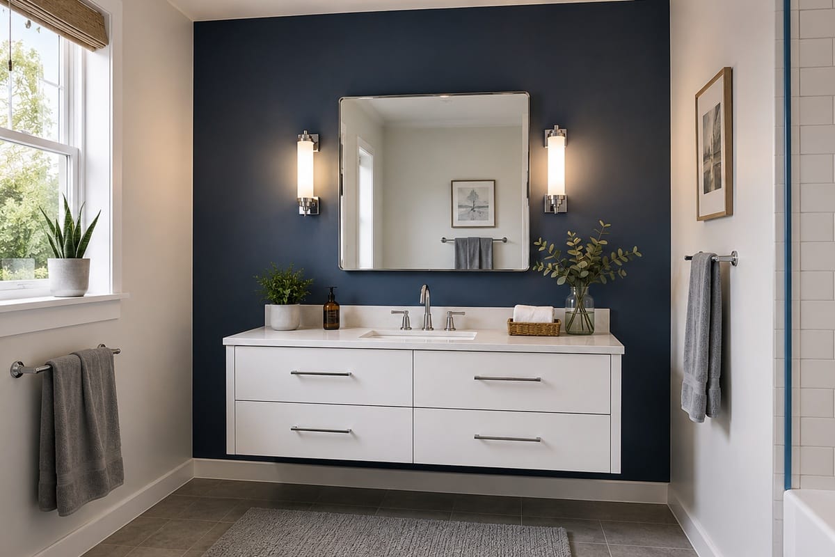 Bathroom Accent Wall Ideas That Actually Work 4 Completed bathroom with muted navy accent wall behind white vanity, soft white walls on other sides, bright vanity lighting, no visible brush marks