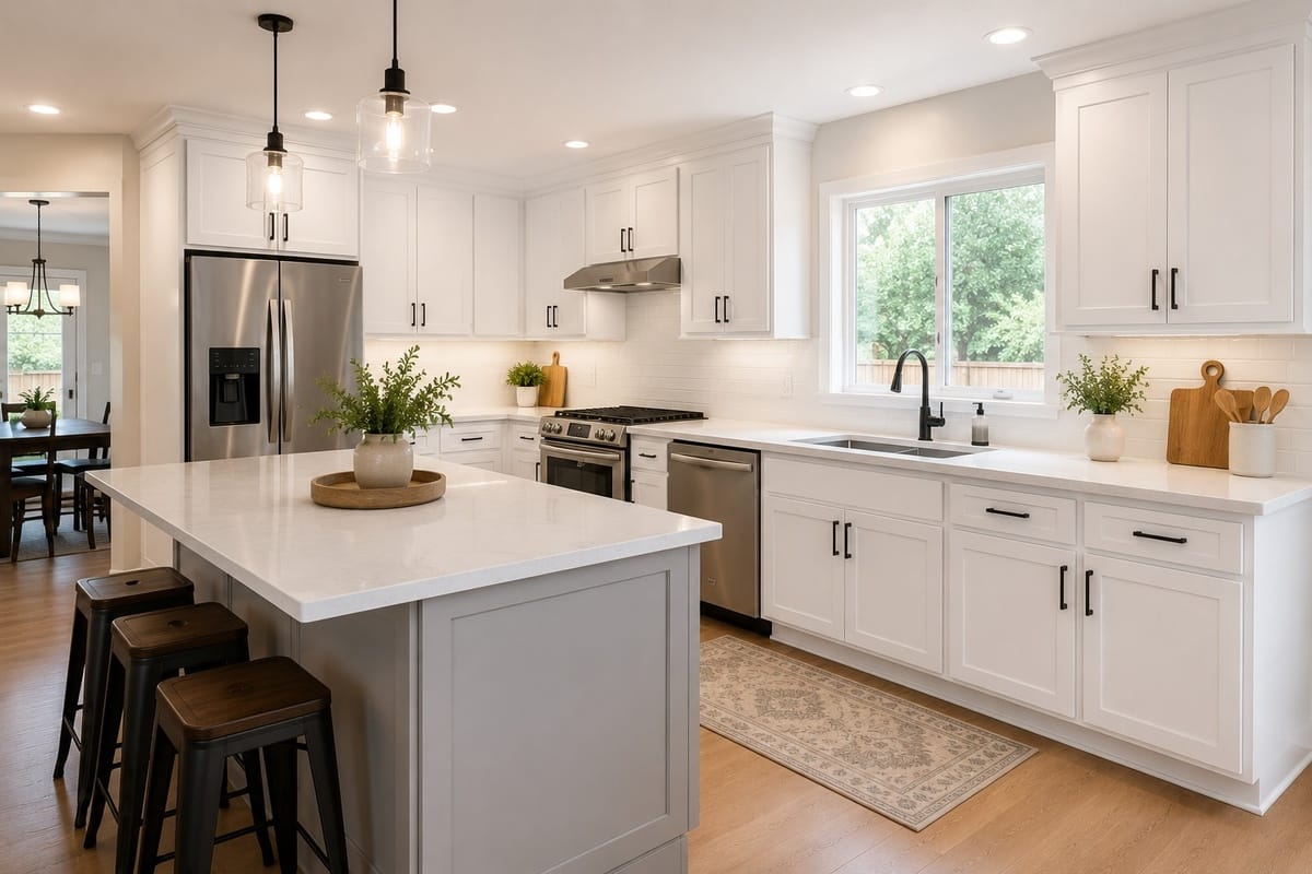 Kitchen Cabinet Painting Before and After: What to Expect 4 Complete finished kitchen with newly painted cabinets, new hardware, modern appearance, well-lit professional result
