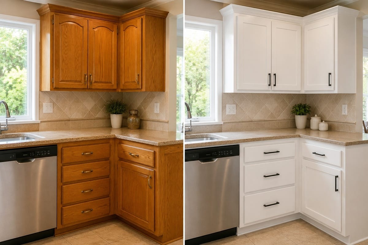 Kitchen Cabinet Painting Before and After: What to Expect 1 Kitchen cabinet transformation from warm honey oak to crisp white painted cabinets with new hardware