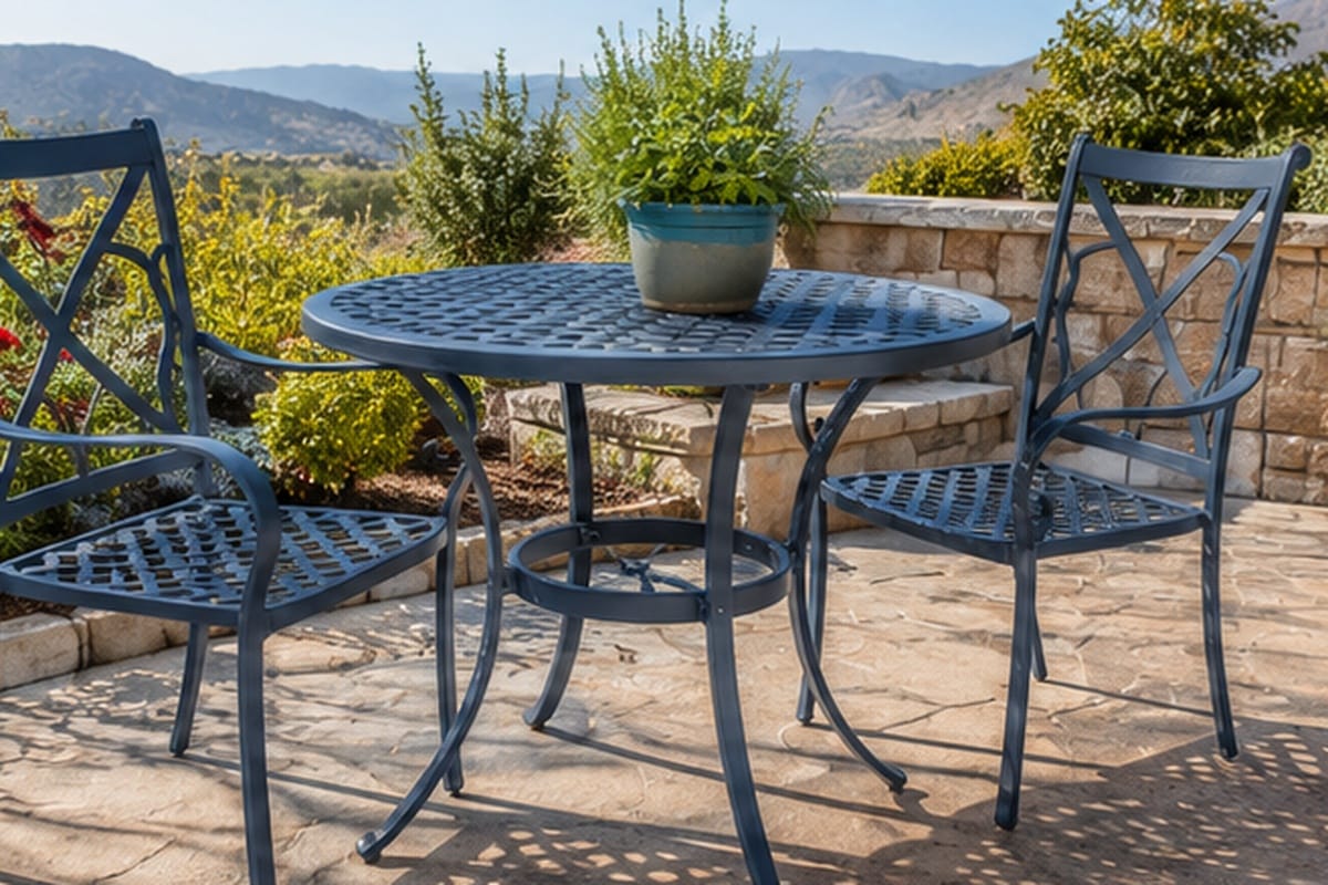 Finished painted outdoor furniture in yard setting, showing completed professional painted result