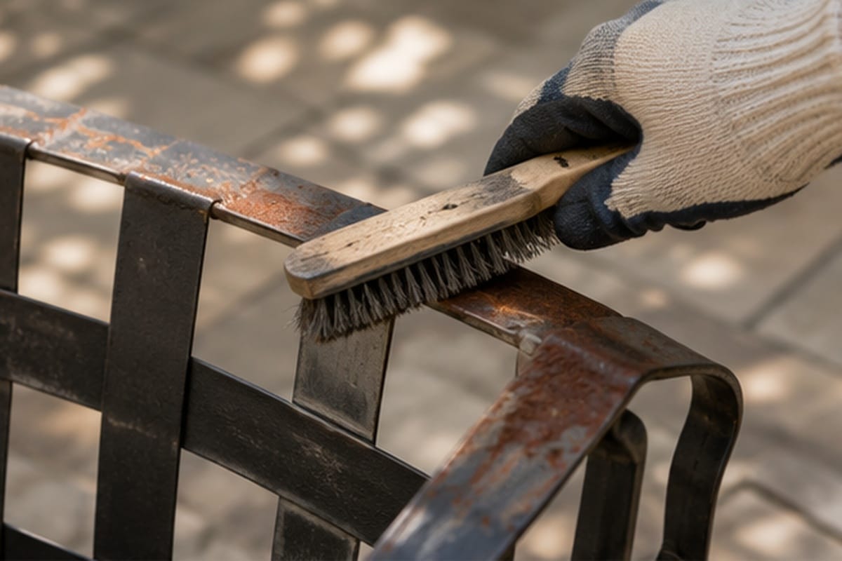 Metal patio furniture being cleaned and prepared with wire brush before painting
