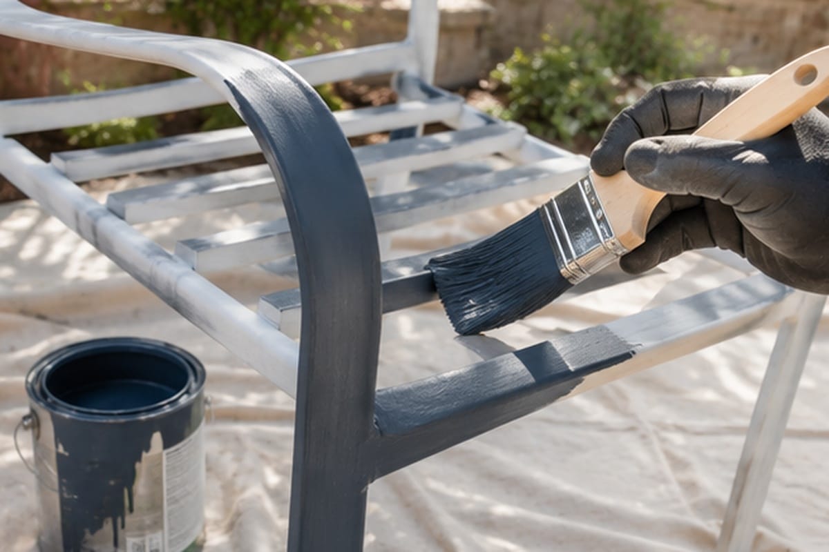 Applying exterior paint to wooden patio furniture with brush, showing proper technique