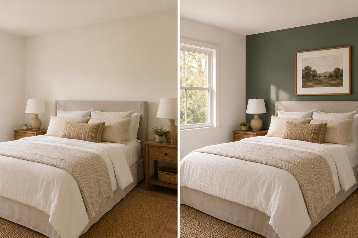 Best Accent Wall Colors for Auburn and Foothill Homes 4 Before and after showing neutral room transformed by addition of sage green accent wall