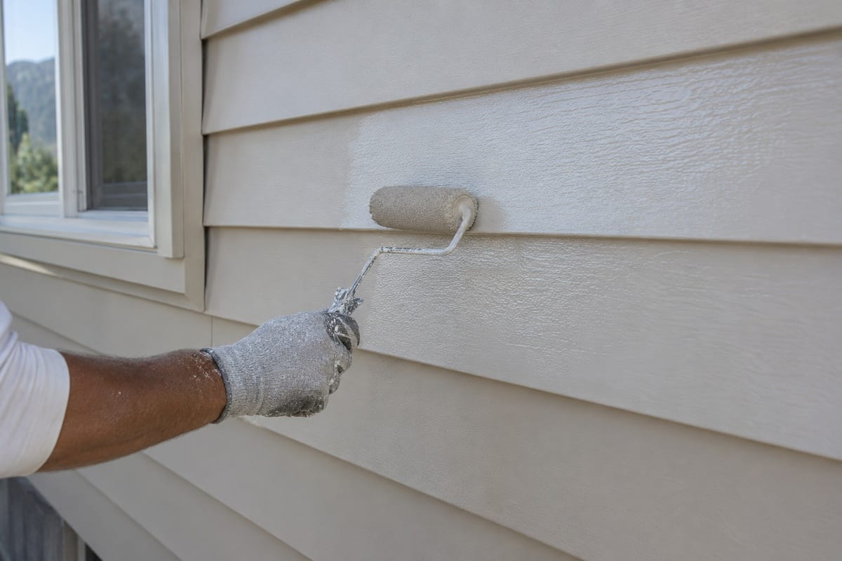 Can You Paint Aluminum Siding? Yes, Here's How It's Done 3 Painter using foam roller to apply exterior paint to aluminum siding panels with smooth technique