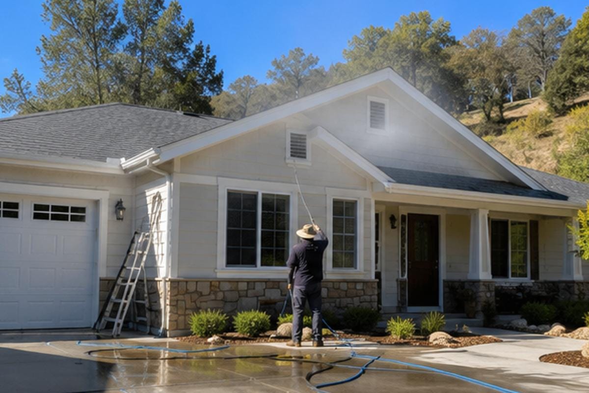 Cost to Pressure Wash a House in 2026: Auburn CA Guide 1 Professional pressure washing service being performed on residential home exterior