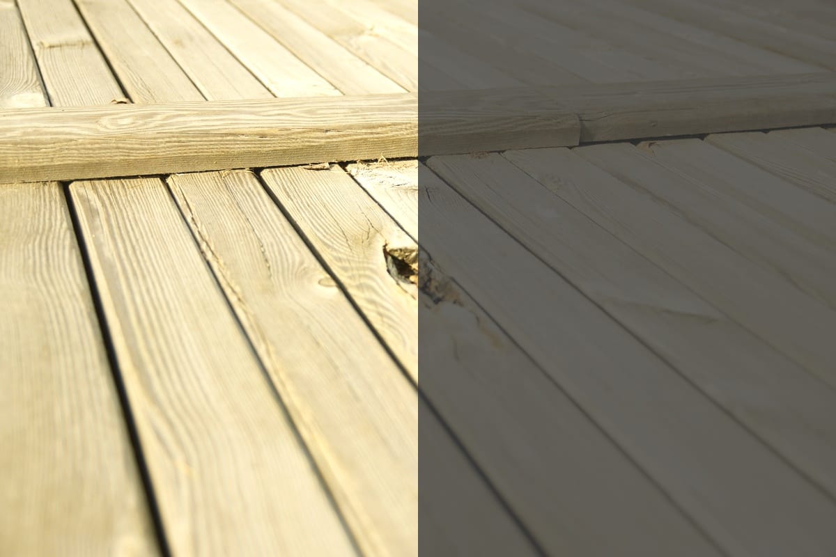 Side-by-side comparison of semi-transparent and solid stain finishes on deck boards